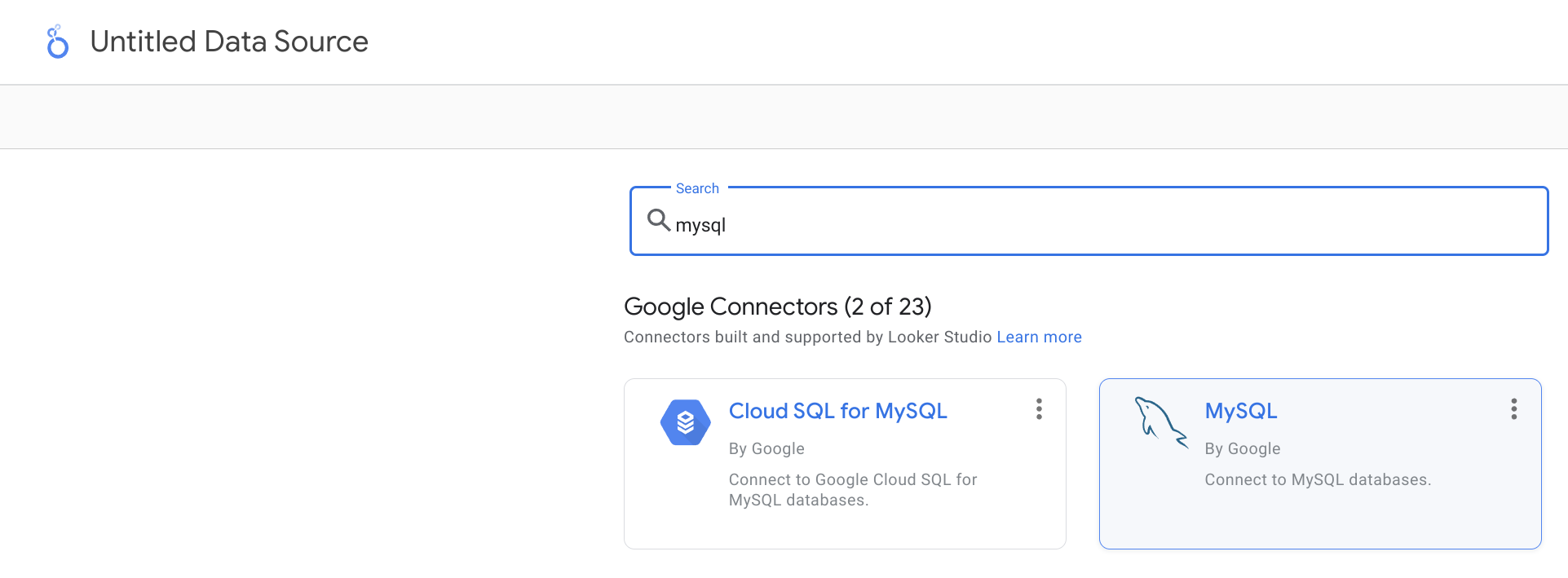 Looker Studio 커넥터 목록에서 MySQL 커넥터를 검색하는 화면