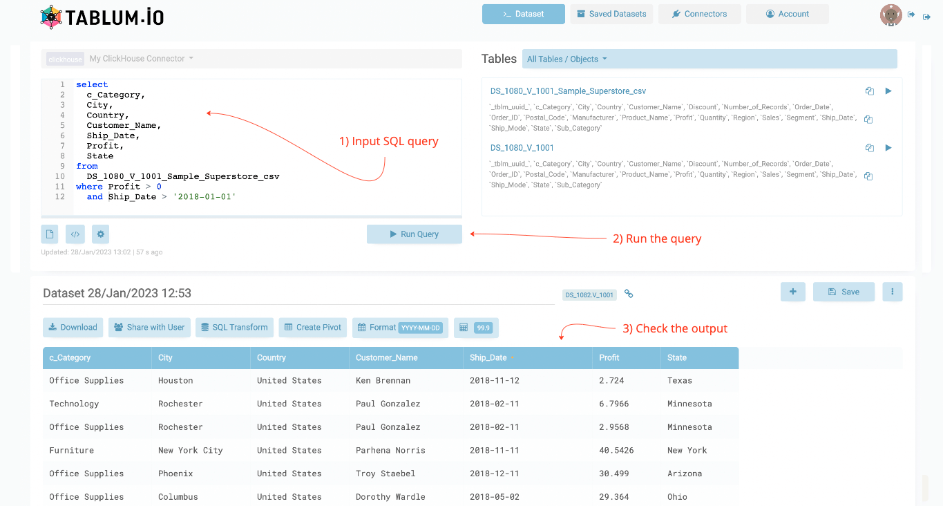TABLUM.IO에�서 SQL 쿼리를 실행하는 화면